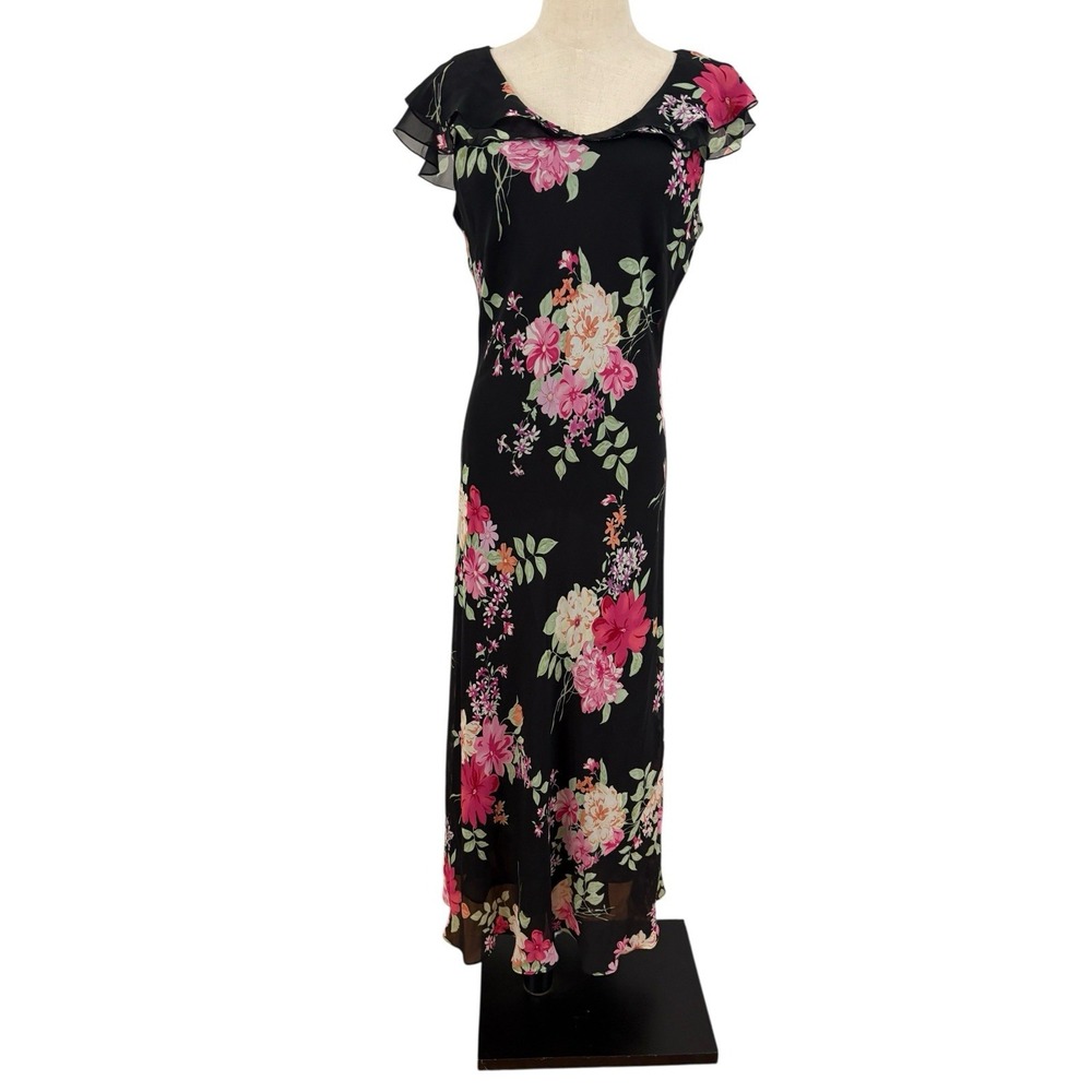 Vtg 90s Chadwick's Black Floral Long Dress Silk Flutter Sleeve Ruffle Sz P10